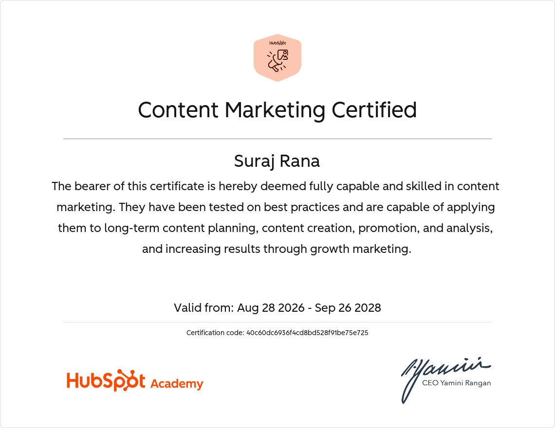 Content Marketing Certified - HubSpot Academy - Suraj Rana